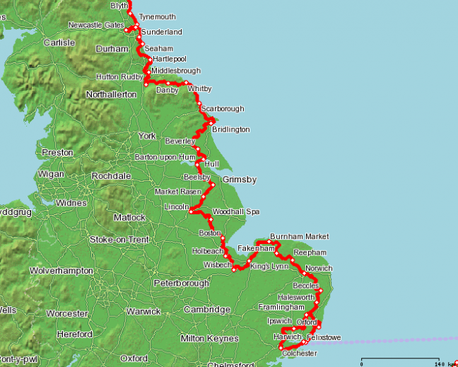 Kaart fietsroute Engeland